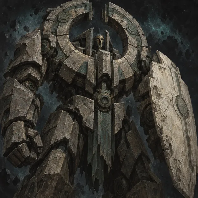 Gate Titan: a colossal stone-plated figure with a ring on its shoulders and a round shield.
