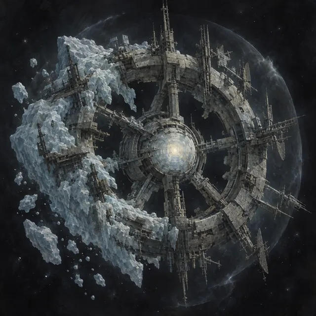 Relay Colossus: a vast wheel-shaped station crusted with ice.