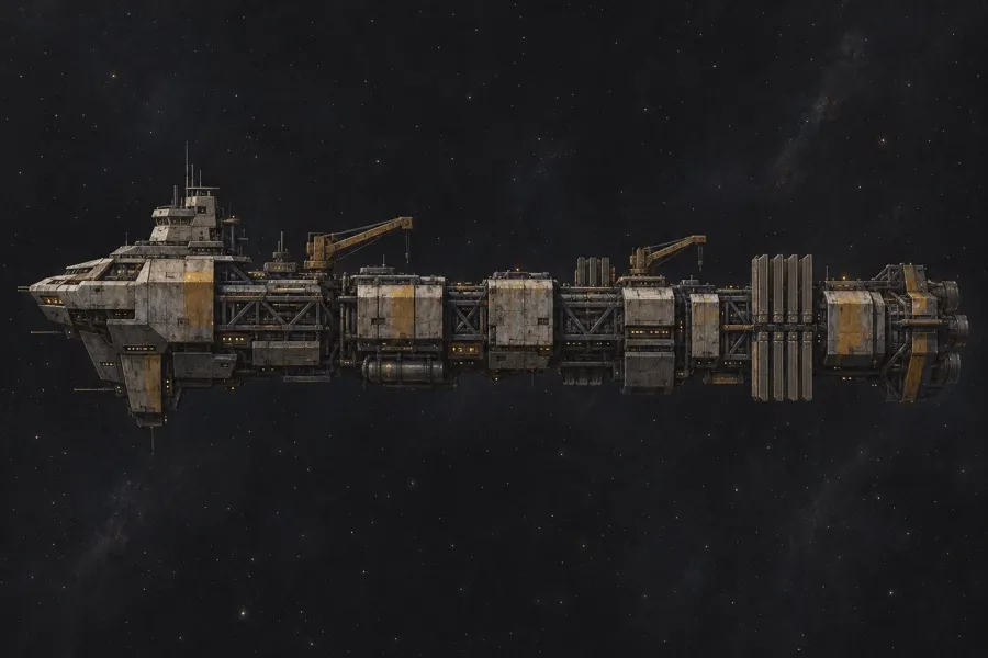 Ferravans flagship: a long, armoured hull of grey and amber plating with cranes along its spine.