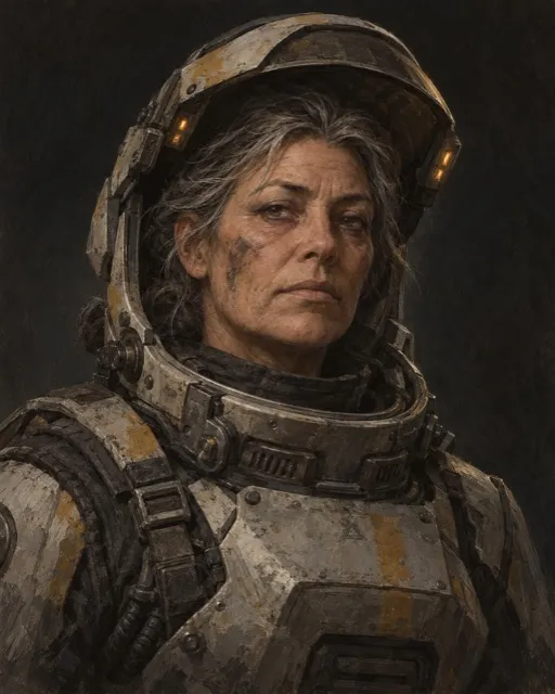 Chief Orsa Malik, a weathered woman in a worn spacesuit with an open helmet.