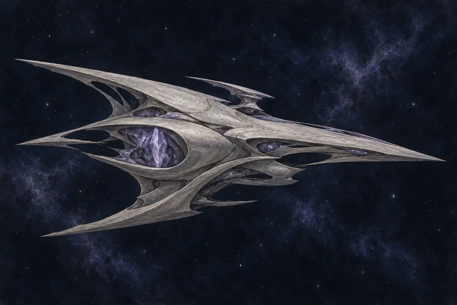 Lumivren flagship: a pale, blade-like ship with violet crystal at its core.