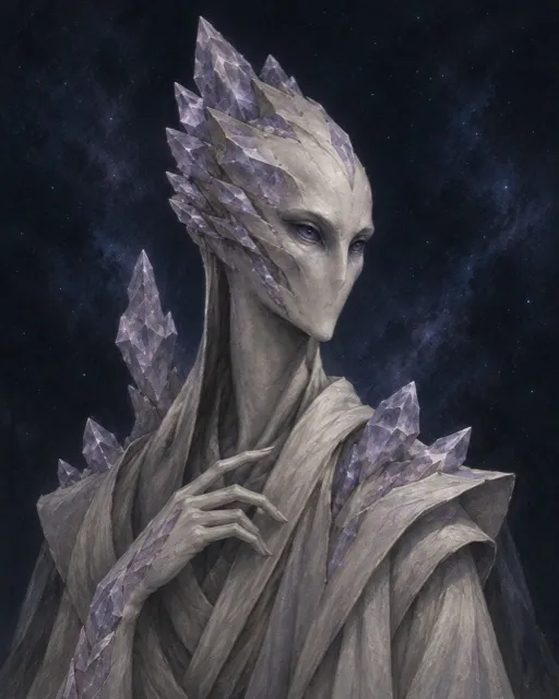 Archivist Sel, a pale, robed figure crowned with violet crystal.