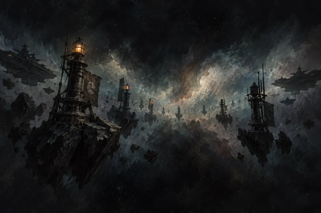 Lit beacon towers standing on floating rocks in a dusty nebula.