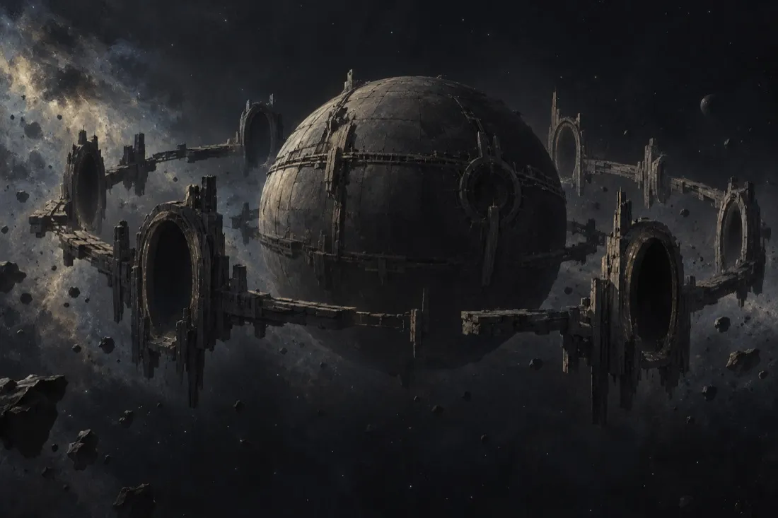 A derelict spherical station ringed by gate arches, adrift among asteroids.