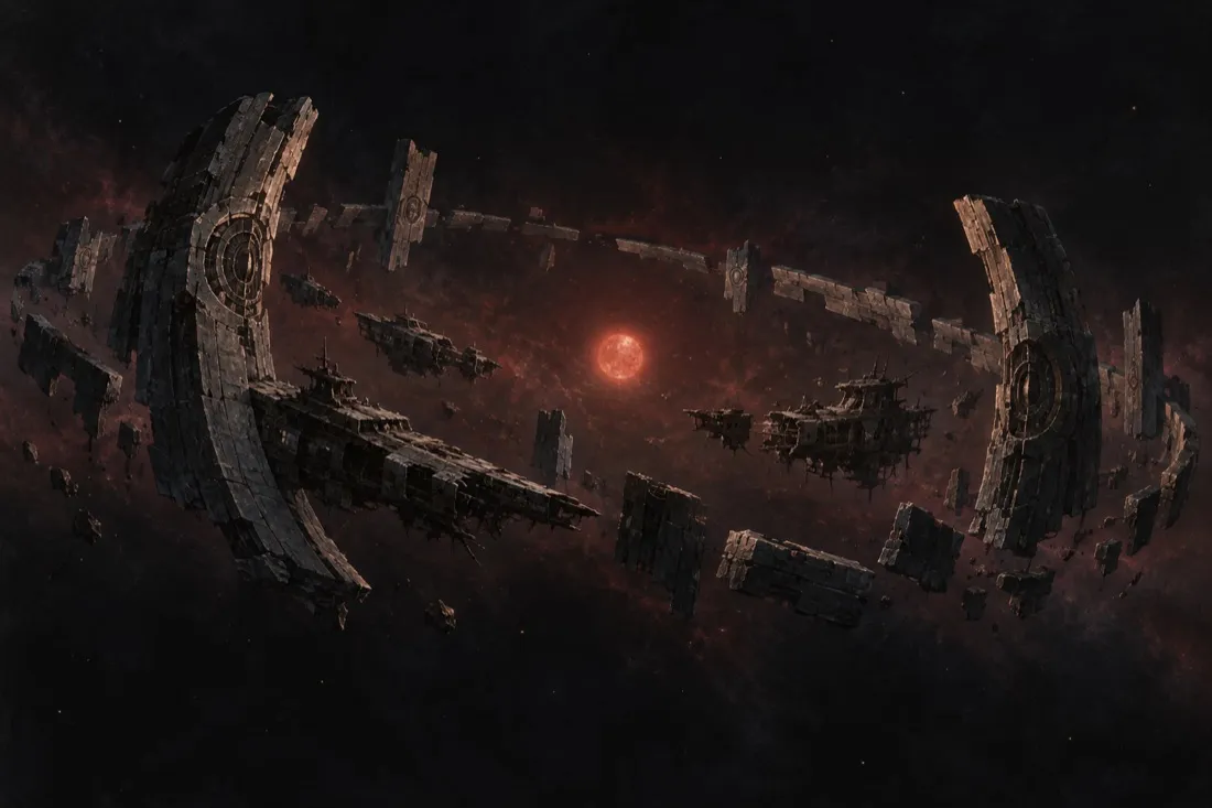 Broken ring segments and wrecks circling a dim red star.
