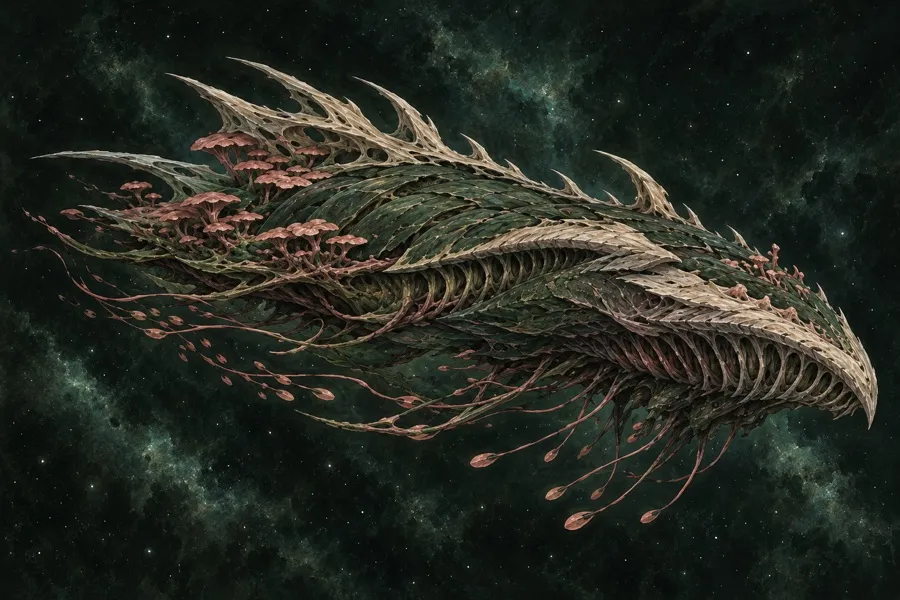 Sporavi flagship: a living ship of ridged green hide trailing coral-pink tendrils.
