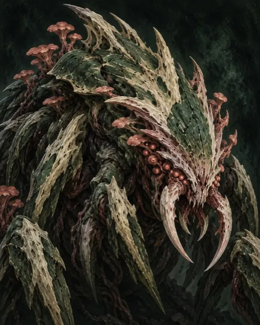 Keeper Ilun-Ve, a towering creature of green plates, fungal growths and curved tusks.
